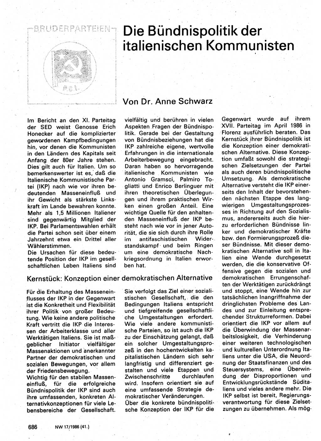 Neuer Weg (NW), Organ des Zentralkomitees (ZK) der SED (Sozialistische Einheitspartei Deutschlands) für Fragen des Parteilebens, 41. Jahrgang [Deutsche Demokratische Republik (DDR)] 1986, Seite 686 (NW ZK SED DDR 1986, S. 686)