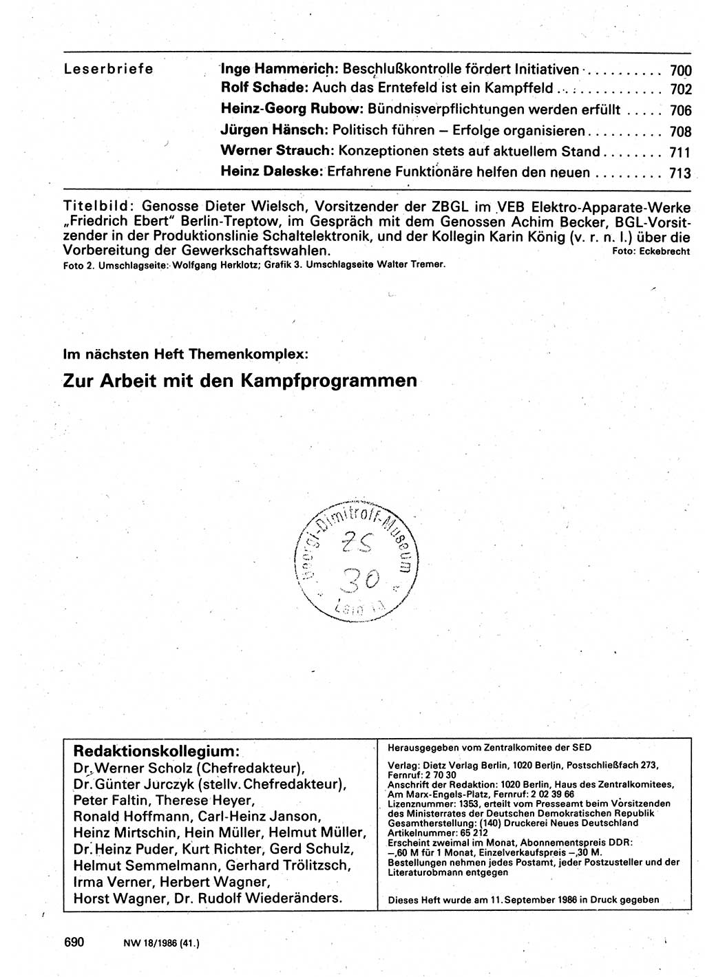 Neuer Weg (NW), Organ des Zentralkomitees (ZK) der SED (Sozialistische Einheitspartei Deutschlands) für Fragen des Parteilebens, 41. Jahrgang [Deutsche Demokratische Republik (DDR)] 1986, Seite 690 (NW ZK SED DDR 1986, S. 690)