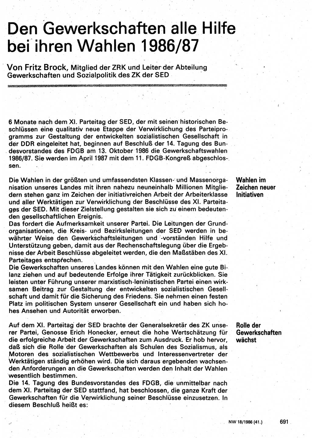 Neuer Weg (NW), Organ des Zentralkomitees (ZK) der SED (Sozialistische Einheitspartei Deutschlands) für Fragen des Parteilebens, 41. Jahrgang [Deutsche Demokratische Republik (DDR)] 1986, Seite 691 (NW ZK SED DDR 1986, S. 691)