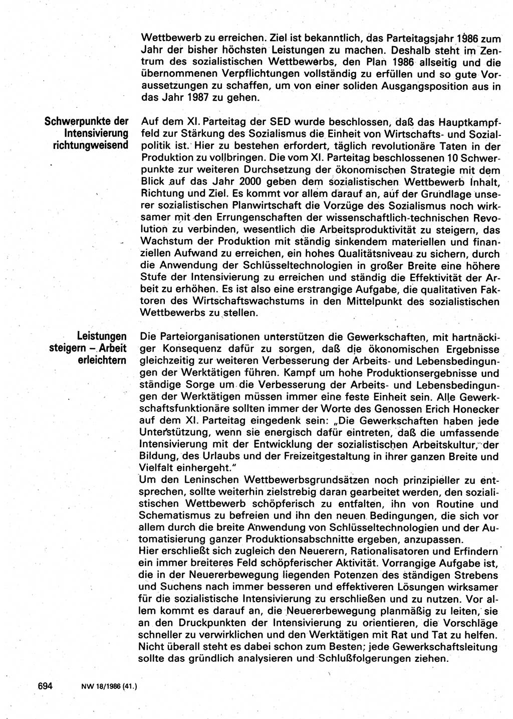 Neuer Weg (NW), Organ des Zentralkomitees (ZK) der SED (Sozialistische Einheitspartei Deutschlands) für Fragen des Parteilebens, 41. Jahrgang [Deutsche Demokratische Republik (DDR)] 1986, Seite 694 (NW ZK SED DDR 1986, S. 694)