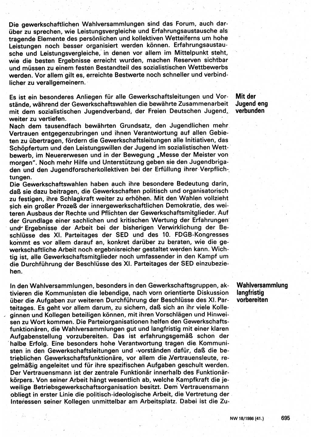 Neuer Weg (NW), Organ des Zentralkomitees (ZK) der SED (Sozialistische Einheitspartei Deutschlands) für Fragen des Parteilebens, 41. Jahrgang [Deutsche Demokratische Republik (DDR)] 1986, Seite 695 (NW ZK SED DDR 1986, S. 695)