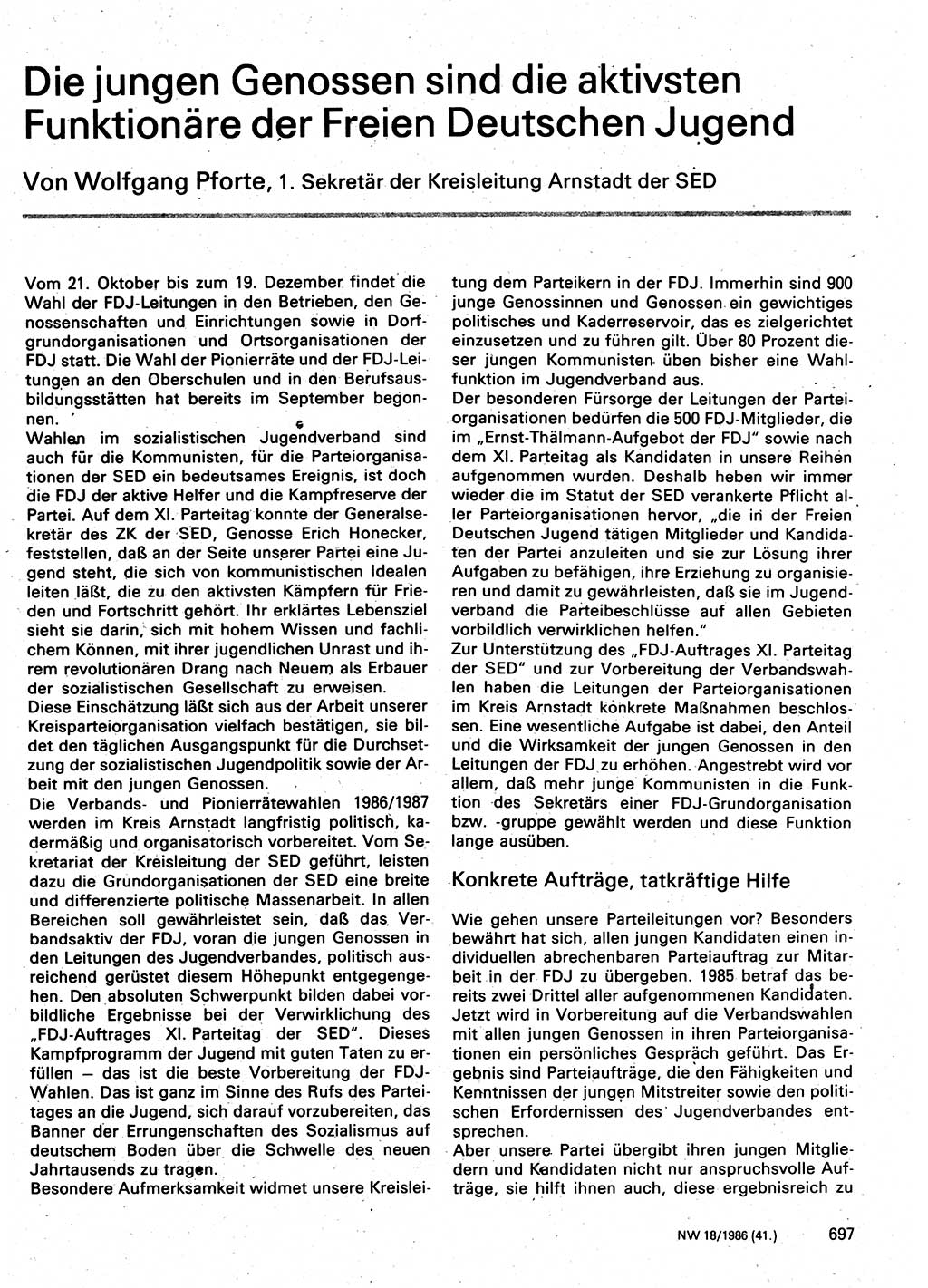 Neuer Weg (NW), Organ des Zentralkomitees (ZK) der SED (Sozialistische Einheitspartei Deutschlands) für Fragen des Parteilebens, 41. Jahrgang [Deutsche Demokratische Republik (DDR)] 1986, Seite 697 (NW ZK SED DDR 1986, S. 697)