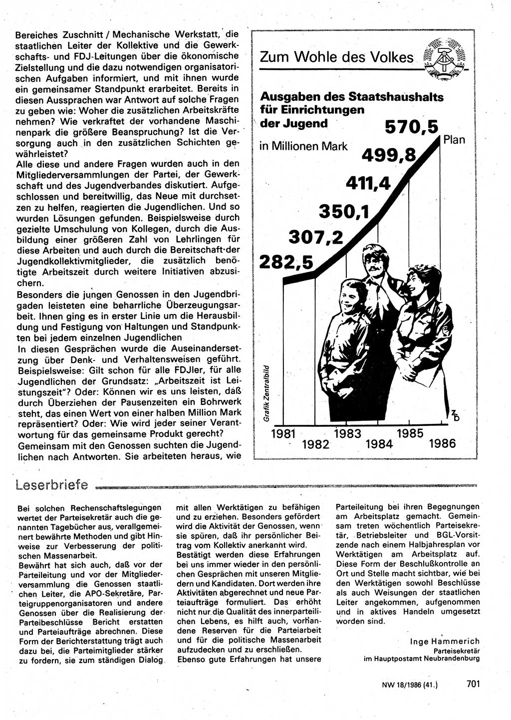 Neuer Weg (NW), Organ des Zentralkomitees (ZK) der SED (Sozialistische Einheitspartei Deutschlands) für Fragen des Parteilebens, 41. Jahrgang [Deutsche Demokratische Republik (DDR)] 1986, Seite 701 (NW ZK SED DDR 1986, S. 701)