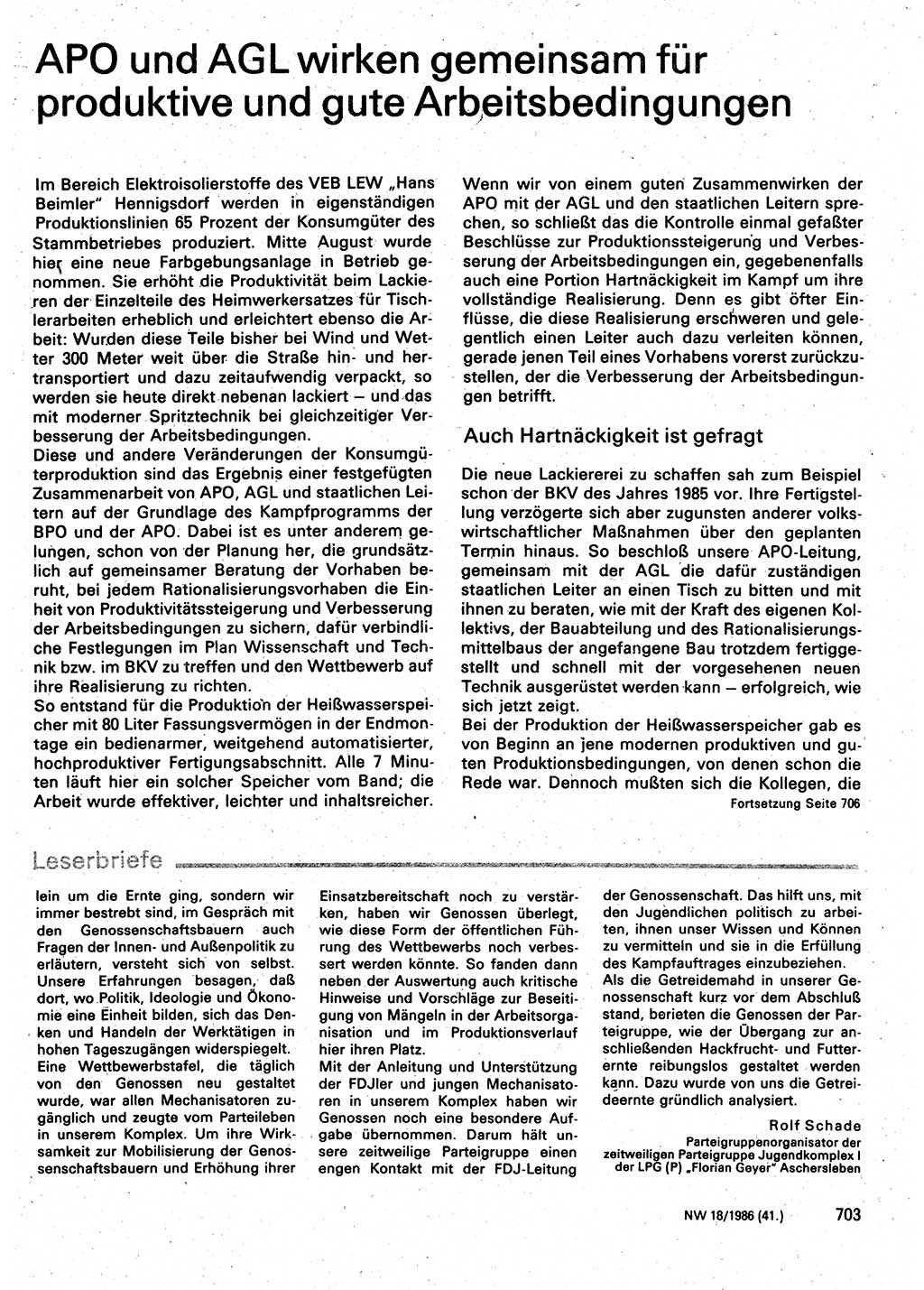 Neuer Weg (NW), Organ des Zentralkomitees (ZK) der SED (Sozialistische Einheitspartei Deutschlands) für Fragen des Parteilebens, 41. Jahrgang [Deutsche Demokratische Republik (DDR)] 1986, Seite 703 (NW ZK SED DDR 1986, S. 703)