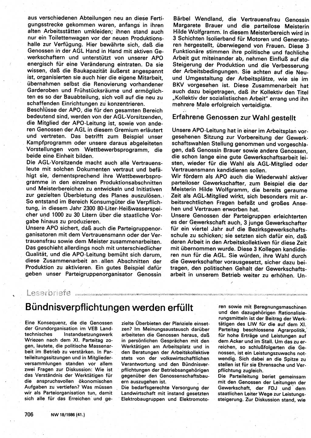 Neuer Weg (NW), Organ des Zentralkomitees (ZK) der SED (Sozialistische Einheitspartei Deutschlands) für Fragen des Parteilebens, 41. Jahrgang [Deutsche Demokratische Republik (DDR)] 1986, Seite 706 (NW ZK SED DDR 1986, S. 706)