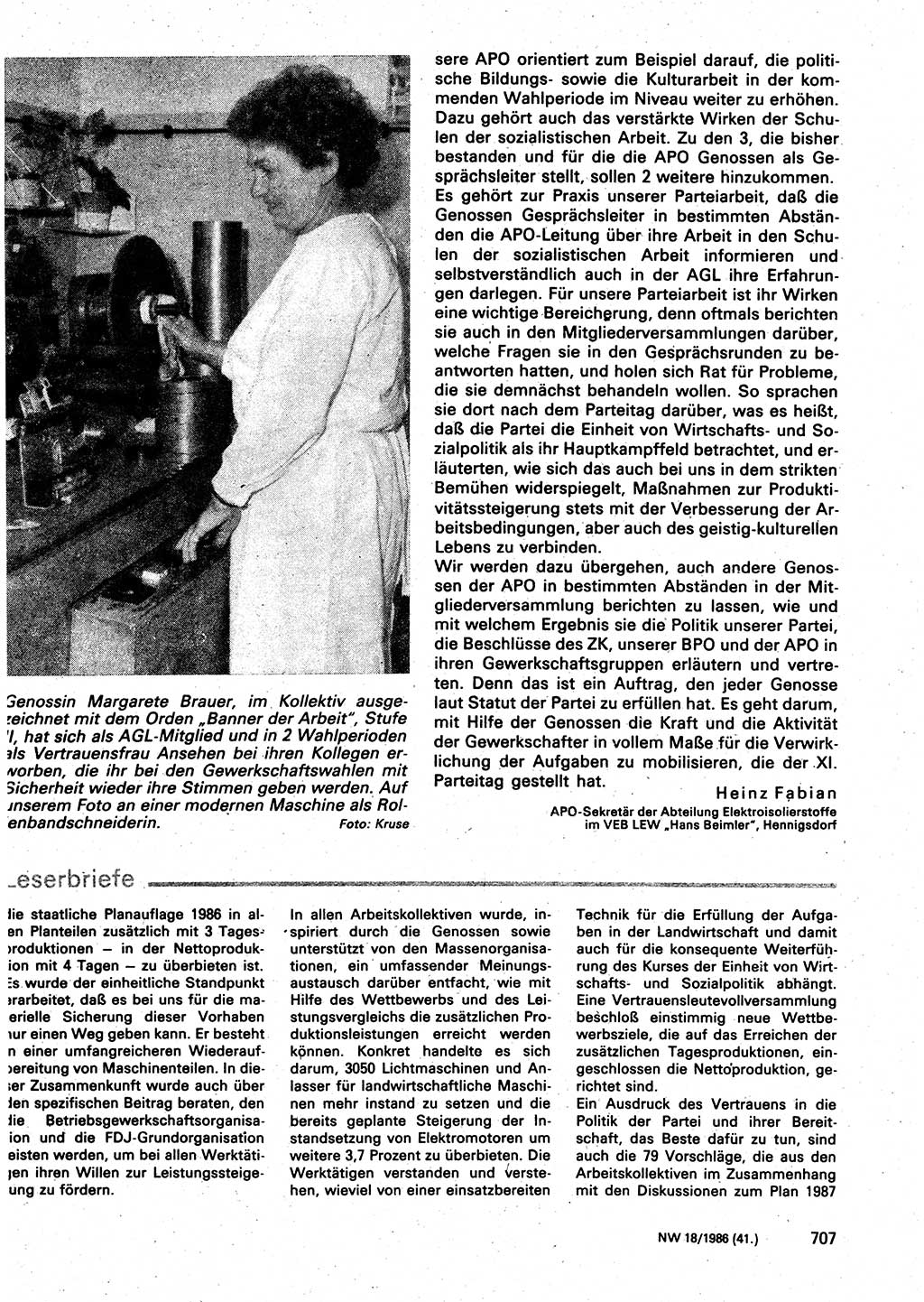 Neuer Weg (NW), Organ des Zentralkomitees (ZK) der SED (Sozialistische Einheitspartei Deutschlands) für Fragen des Parteilebens, 41. Jahrgang [Deutsche Demokratische Republik (DDR)] 1986, Seite 707 (NW ZK SED DDR 1986, S. 707)