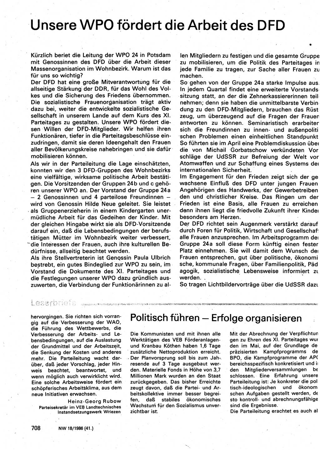 Neuer Weg (NW), Organ des Zentralkomitees (ZK) der SED (Sozialistische Einheitspartei Deutschlands) für Fragen des Parteilebens, 41. Jahrgang [Deutsche Demokratische Republik (DDR)] 1986, Seite 708 (NW ZK SED DDR 1986, S. 708)