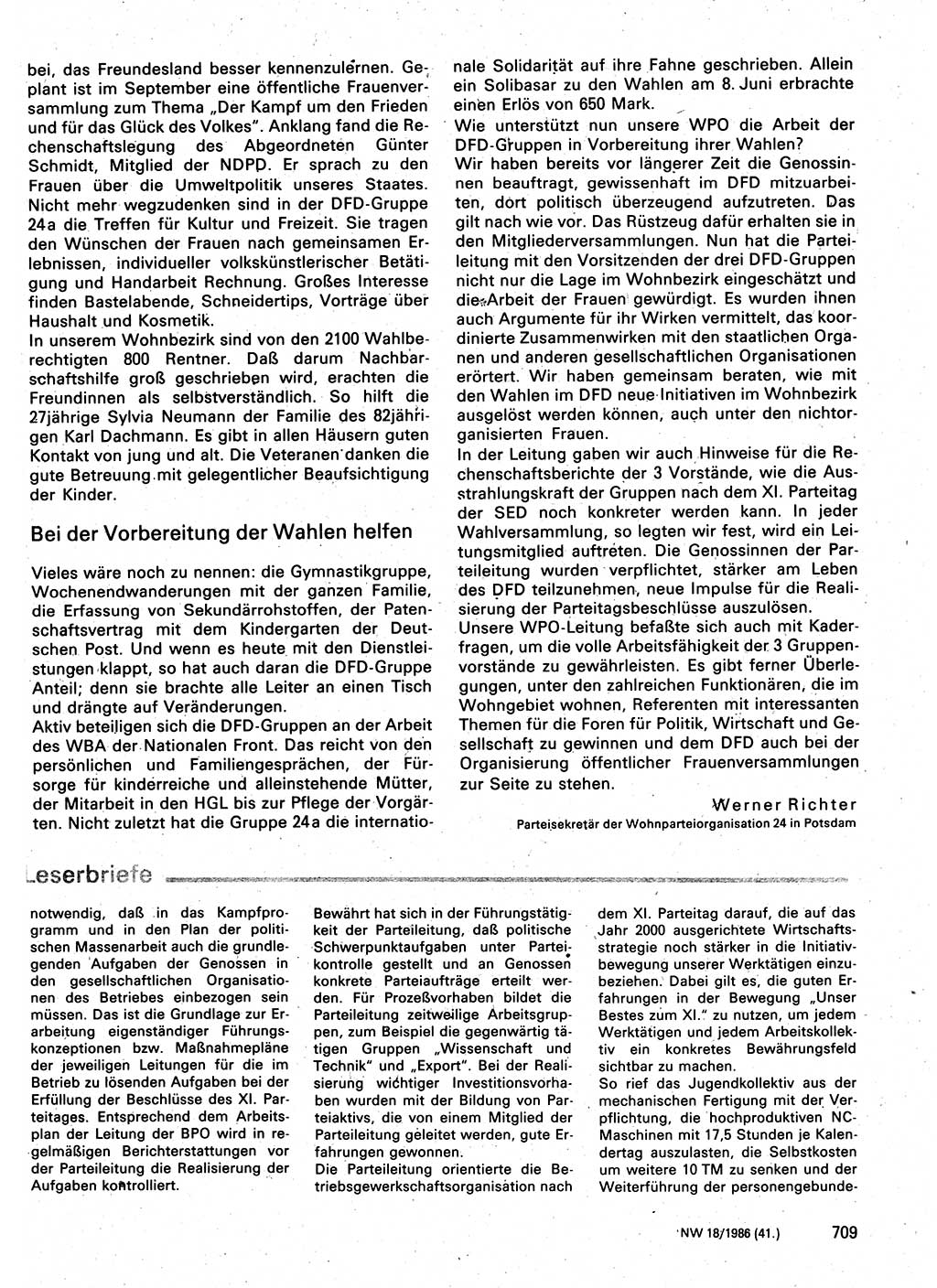 Neuer Weg (NW), Organ des Zentralkomitees (ZK) der SED (Sozialistische Einheitspartei Deutschlands) für Fragen des Parteilebens, 41. Jahrgang [Deutsche Demokratische Republik (DDR)] 1986, Seite 709 (NW ZK SED DDR 1986, S. 709)