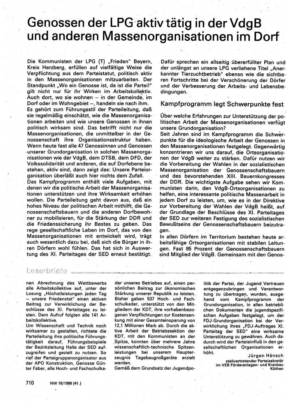 Neuer Weg (NW), Organ des Zentralkomitees (ZK) der SED (Sozialistische Einheitspartei Deutschlands) für Fragen des Parteilebens, 41. Jahrgang [Deutsche Demokratische Republik (DDR)] 1986, Seite 710 (NW ZK SED DDR 1986, S. 710)