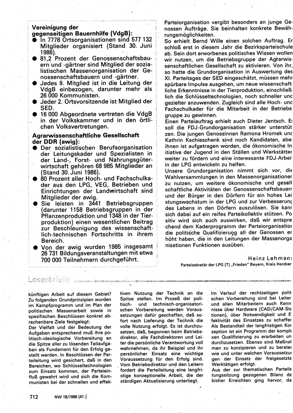 Neuer Weg (NW), Organ des Zentralkomitees (ZK) der SED (Sozialistische Einheitspartei Deutschlands) für Fragen des Parteilebens, 41. Jahrgang [Deutsche Demokratische Republik (DDR)] 1986, Seite 712 (NW ZK SED DDR 1986, S. 712)