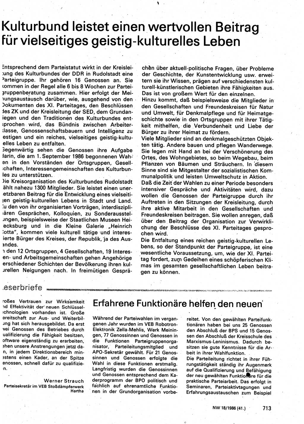 Neuer Weg (NW), Organ des Zentralkomitees (ZK) der SED (Sozialistische Einheitspartei Deutschlands) für Fragen des Parteilebens, 41. Jahrgang [Deutsche Demokratische Republik (DDR)] 1986, Seite 713 (NW ZK SED DDR 1986, S. 713)