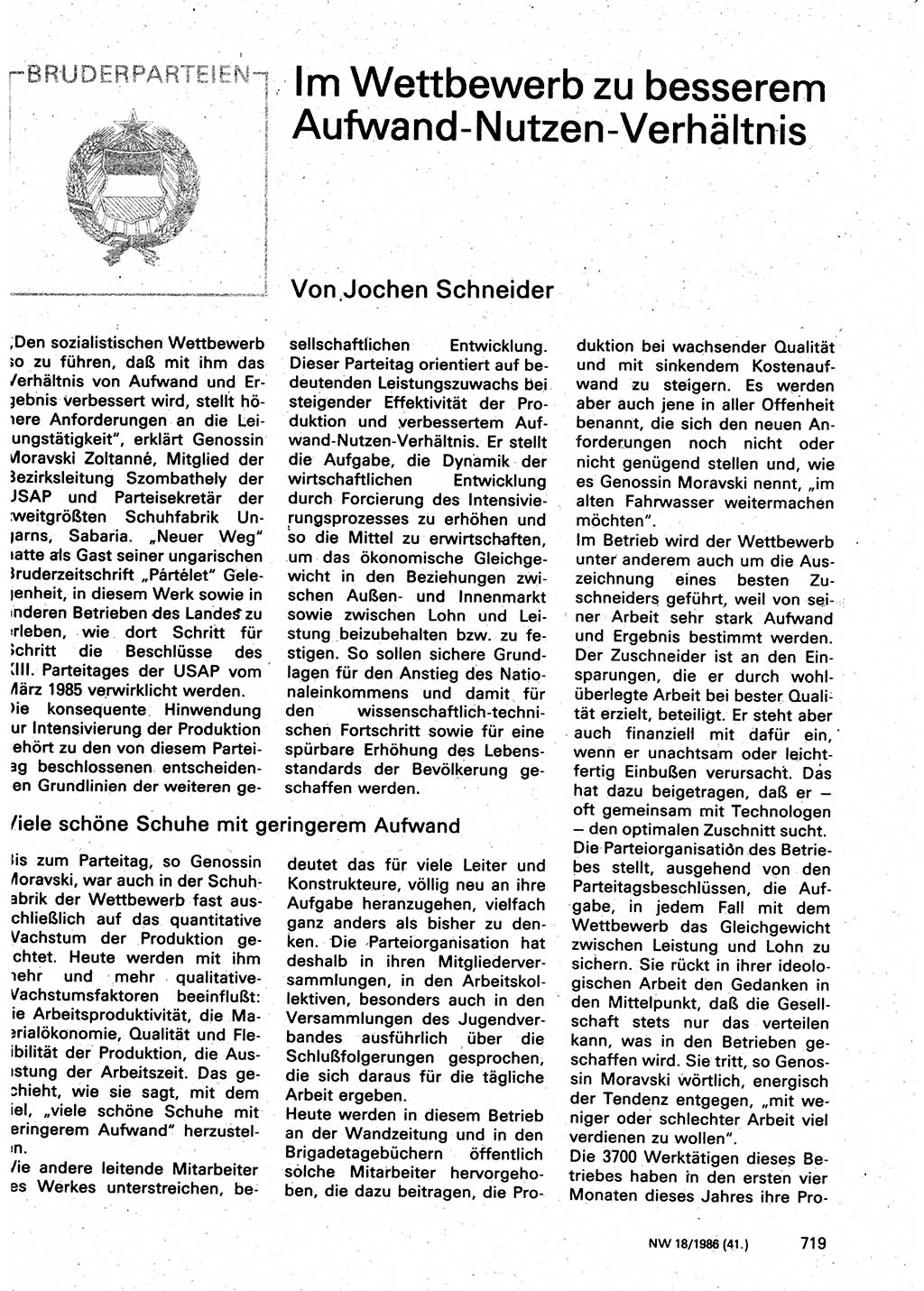 Neuer Weg (NW), Organ des Zentralkomitees (ZK) der SED (Sozialistische Einheitspartei Deutschlands) für Fragen des Parteilebens, 41. Jahrgang [Deutsche Demokratische Republik (DDR)] 1986, Seite 719 (NW ZK SED DDR 1986, S. 719)