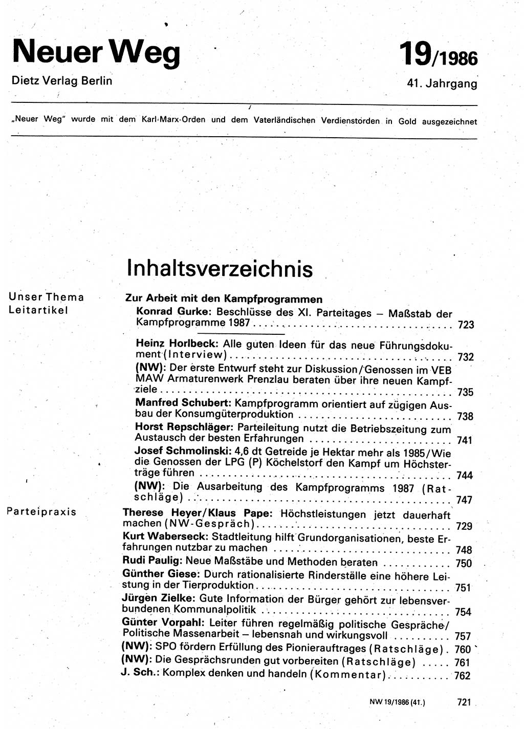 Neuer Weg (NW), Organ des Zentralkomitees (ZK) der SED (Sozialistische Einheitspartei Deutschlands) für Fragen des Parteilebens, 41. Jahrgang [Deutsche Demokratische Republik (DDR)] 1986, Seite 721 (NW ZK SED DDR 1986, S. 721)