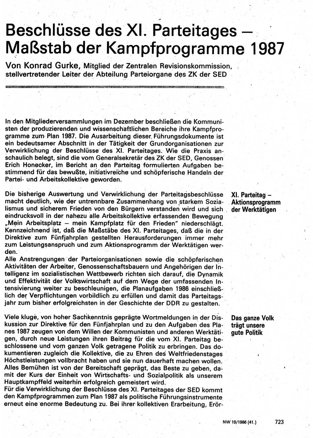 Neuer Weg (NW), Organ des Zentralkomitees (ZK) der SED (Sozialistische Einheitspartei Deutschlands) für Fragen des Parteilebens, 41. Jahrgang [Deutsche Demokratische Republik (DDR)] 1986, Seite 723 (NW ZK SED DDR 1986, S. 723)