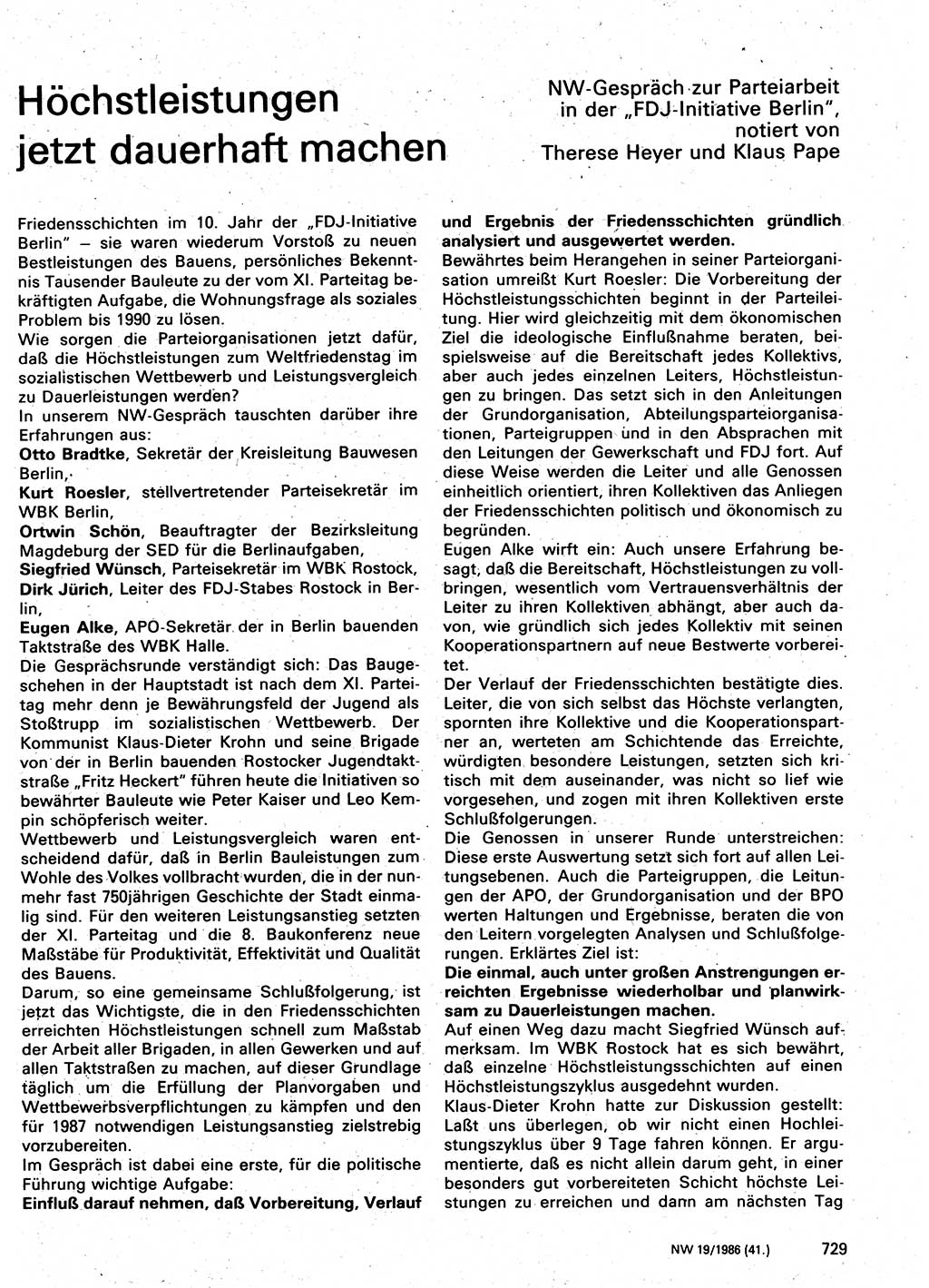 Neuer Weg (NW), Organ des Zentralkomitees (ZK) der SED (Sozialistische Einheitspartei Deutschlands) für Fragen des Parteilebens, 41. Jahrgang [Deutsche Demokratische Republik (DDR)] 1986, Seite 729 (NW ZK SED DDR 1986, S. 729)