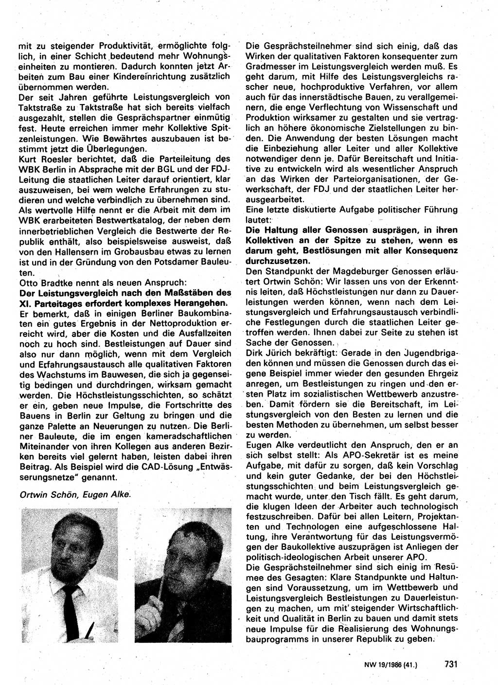 Neuer Weg (NW), Organ des Zentralkomitees (ZK) der SED (Sozialistische Einheitspartei Deutschlands) für Fragen des Parteilebens, 41. Jahrgang [Deutsche Demokratische Republik (DDR)] 1986, Seite 731 (NW ZK SED DDR 1986, S. 731)