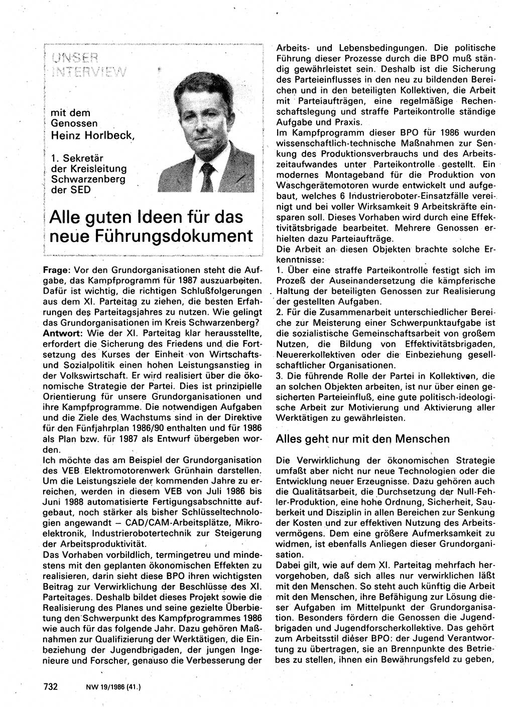 Neuer Weg (NW), Organ des Zentralkomitees (ZK) der SED (Sozialistische Einheitspartei Deutschlands) für Fragen des Parteilebens, 41. Jahrgang [Deutsche Demokratische Republik (DDR)] 1986, Seite 732 (NW ZK SED DDR 1986, S. 732)