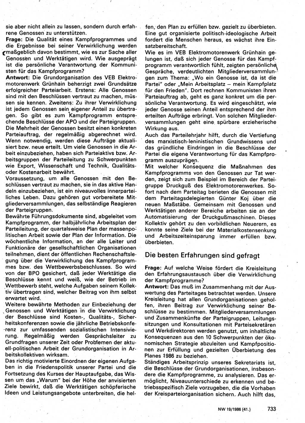 Neuer Weg (NW), Organ des Zentralkomitees (ZK) der SED (Sozialistische Einheitspartei Deutschlands) für Fragen des Parteilebens, 41. Jahrgang [Deutsche Demokratische Republik (DDR)] 1986, Seite 733 (NW ZK SED DDR 1986, S. 733)