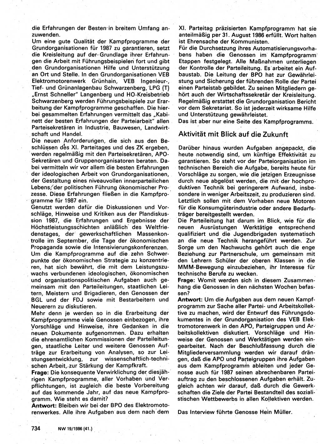 Neuer Weg (NW), Organ des Zentralkomitees (ZK) der SED (Sozialistische Einheitspartei Deutschlands) für Fragen des Parteilebens, 41. Jahrgang [Deutsche Demokratische Republik (DDR)] 1986, Seite 734 (NW ZK SED DDR 1986, S. 734)