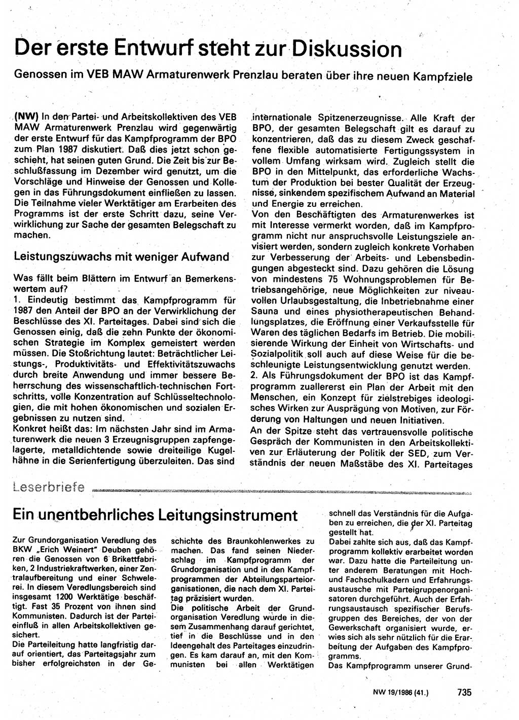 Neuer Weg (NW), Organ des Zentralkomitees (ZK) der SED (Sozialistische Einheitspartei Deutschlands) für Fragen des Parteilebens, 41. Jahrgang [Deutsche Demokratische Republik (DDR)] 1986, Seite 735 (NW ZK SED DDR 1986, S. 735)