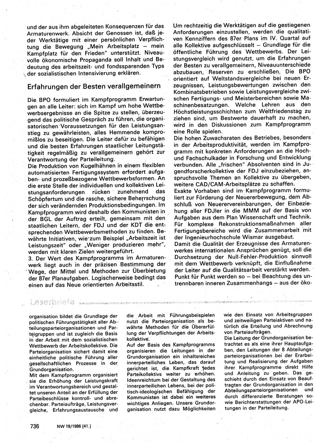 Neuer Weg (NW), Organ des Zentralkomitees (ZK) der SED (Sozialistische Einheitspartei Deutschlands) für Fragen des Parteilebens, 41. Jahrgang [Deutsche Demokratische Republik (DDR)] 1986, Seite 736 (NW ZK SED DDR 1986, S. 736)