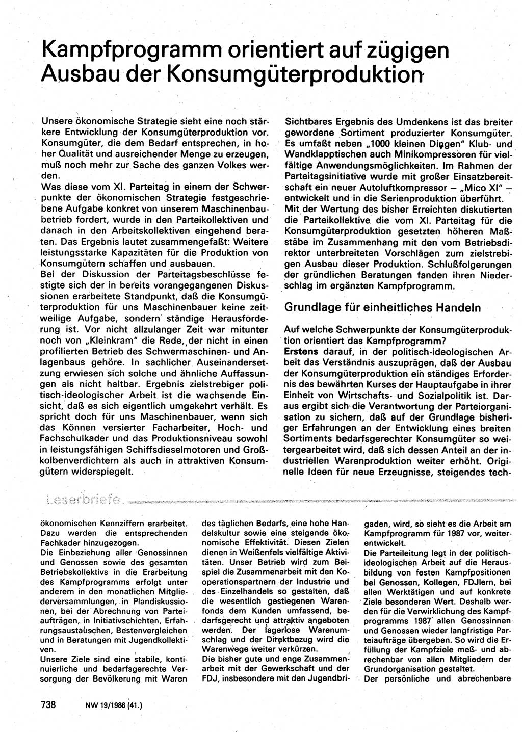 Neuer Weg (NW), Organ des Zentralkomitees (ZK) der SED (Sozialistische Einheitspartei Deutschlands) für Fragen des Parteilebens, 41. Jahrgang [Deutsche Demokratische Republik (DDR)] 1986, Seite 738 (NW ZK SED DDR 1986, S. 738)