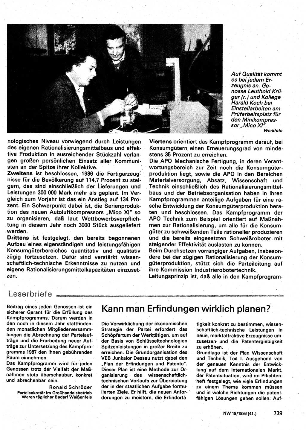 Neuer Weg (NW), Organ des Zentralkomitees (ZK) der SED (Sozialistische Einheitspartei Deutschlands) für Fragen des Parteilebens, 41. Jahrgang [Deutsche Demokratische Republik (DDR)] 1986, Seite 739 (NW ZK SED DDR 1986, S. 739)