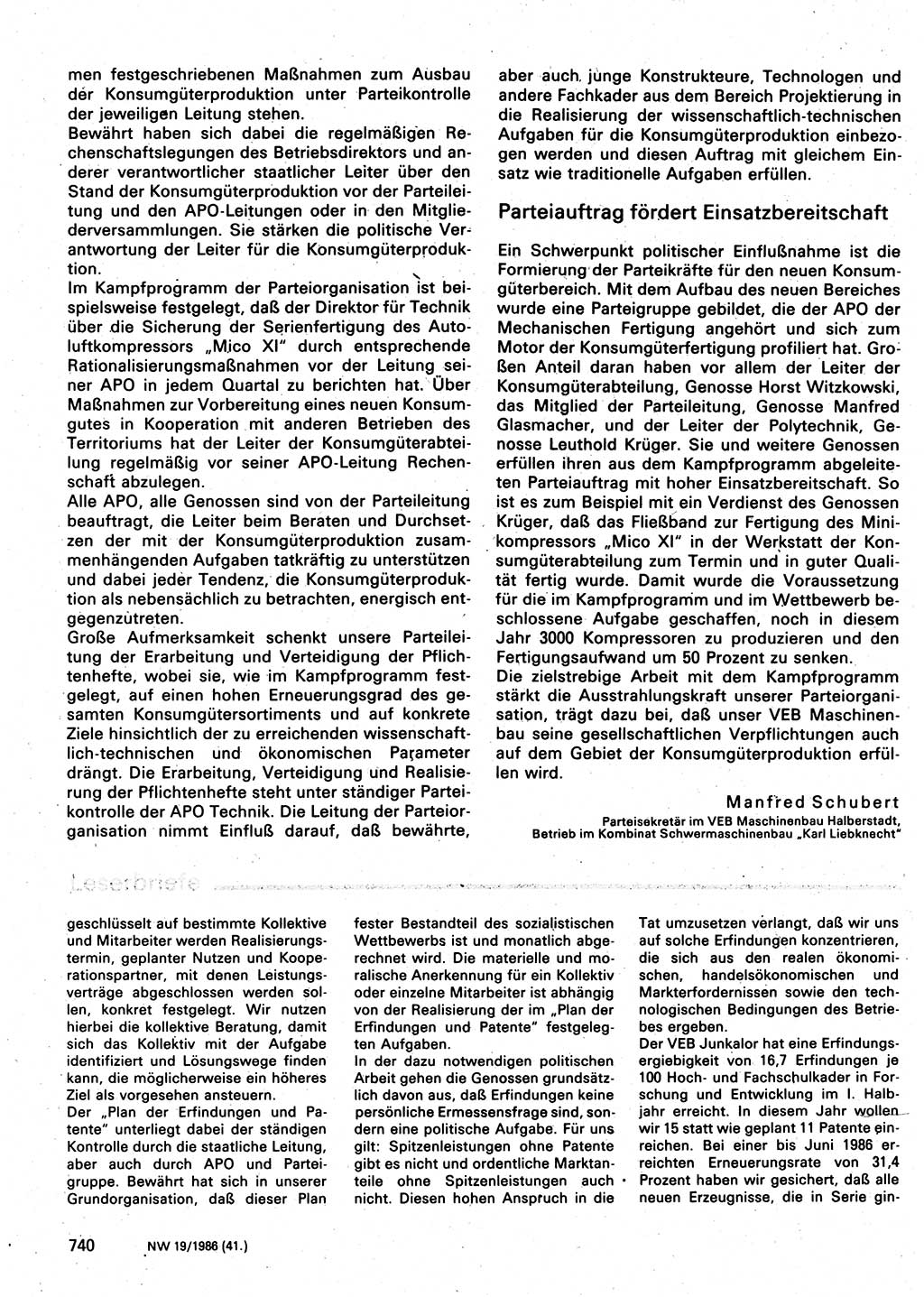 Neuer Weg (NW), Organ des Zentralkomitees (ZK) der SED (Sozialistische Einheitspartei Deutschlands) für Fragen des Parteilebens, 41. Jahrgang [Deutsche Demokratische Republik (DDR)] 1986, Seite 740 (NW ZK SED DDR 1986, S. 740)