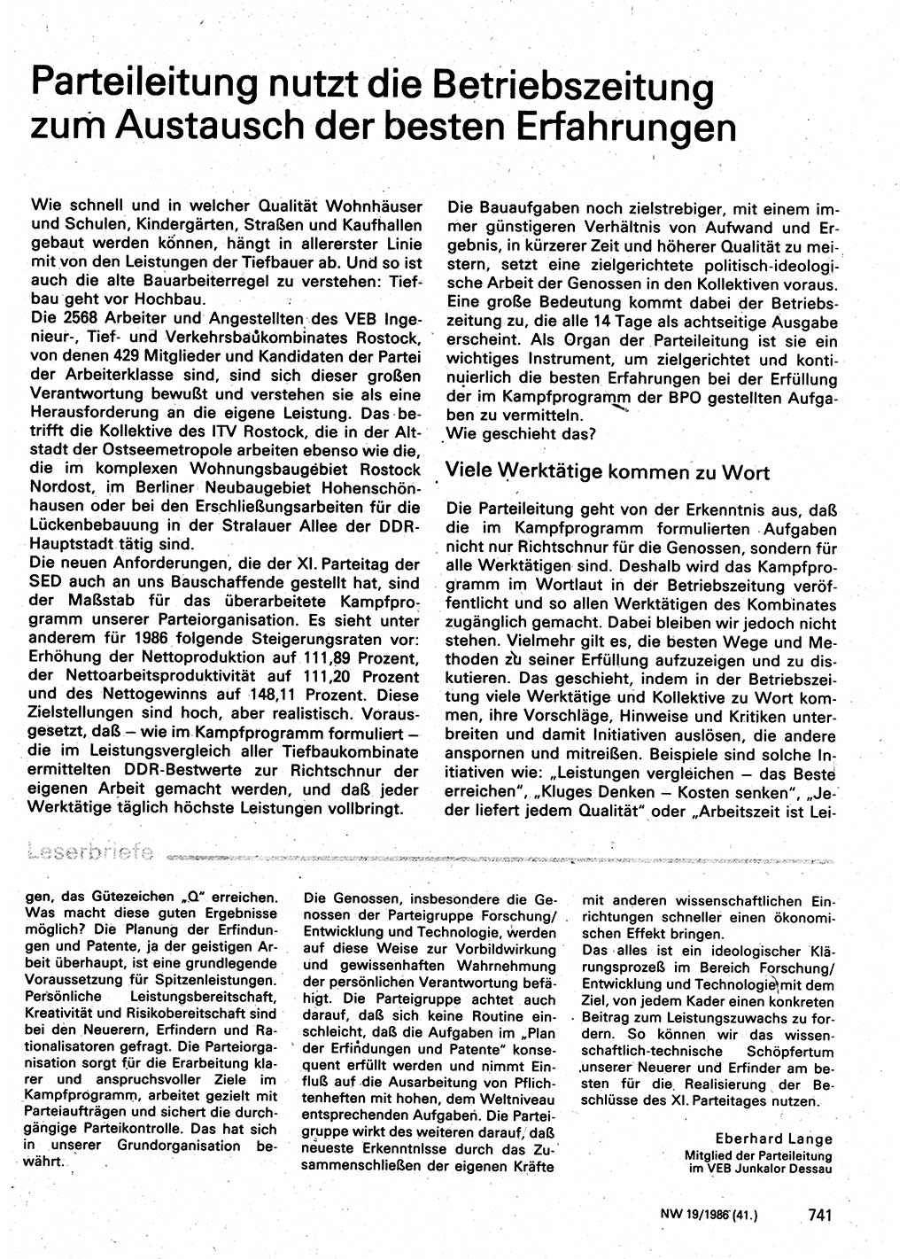 Neuer Weg (NW), Organ des Zentralkomitees (ZK) der SED (Sozialistische Einheitspartei Deutschlands) für Fragen des Parteilebens, 41. Jahrgang [Deutsche Demokratische Republik (DDR)] 1986, Seite 741 (NW ZK SED DDR 1986, S. 741)