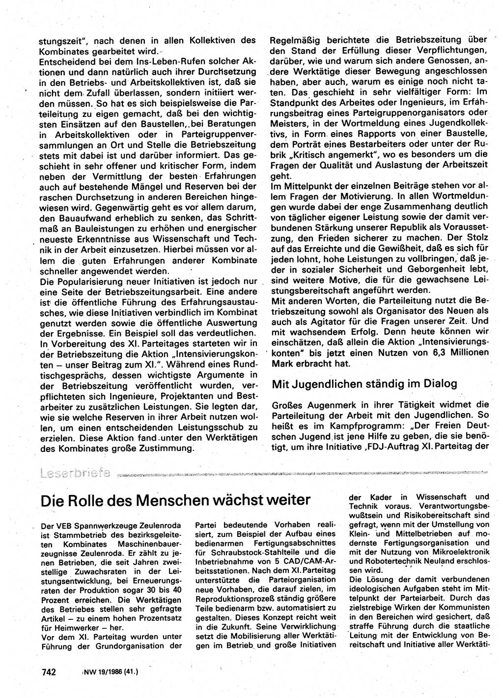 Neuer Weg (NW), Organ des Zentralkomitees (ZK) der SED (Sozialistische Einheitspartei Deutschlands) für Fragen des Parteilebens, 41. Jahrgang [Deutsche Demokratische Republik (DDR)] 1986, Seite 742 (NW ZK SED DDR 1986, S. 742)