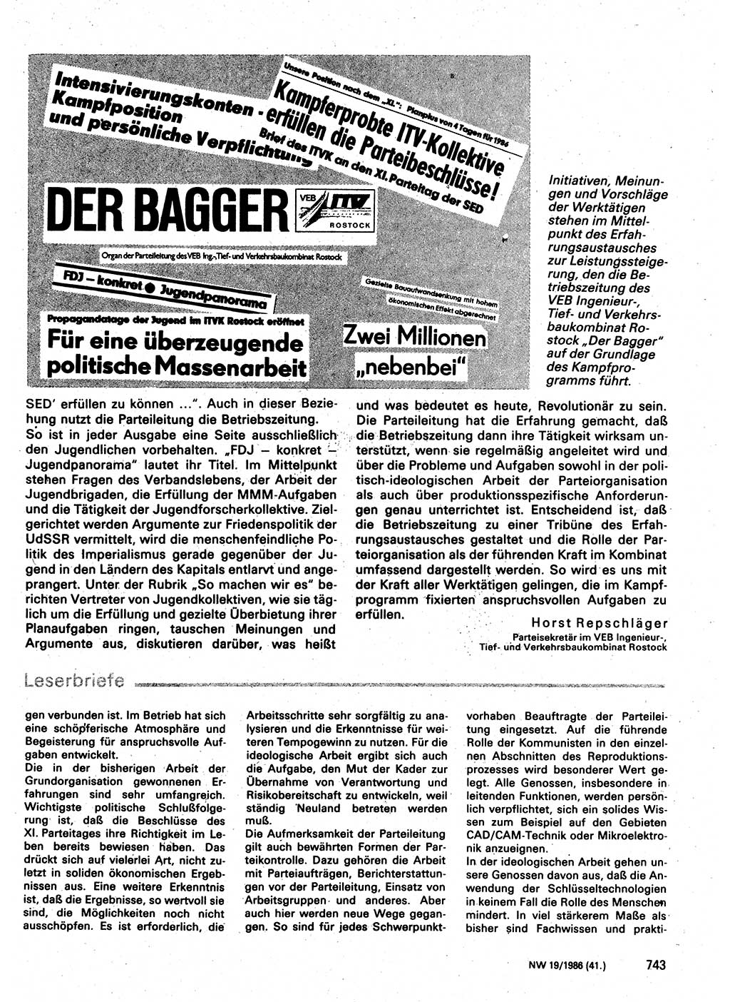 Neuer Weg (NW), Organ des Zentralkomitees (ZK) der SED (Sozialistische Einheitspartei Deutschlands) für Fragen des Parteilebens, 41. Jahrgang [Deutsche Demokratische Republik (DDR)] 1986, Seite 743 (NW ZK SED DDR 1986, S. 743)