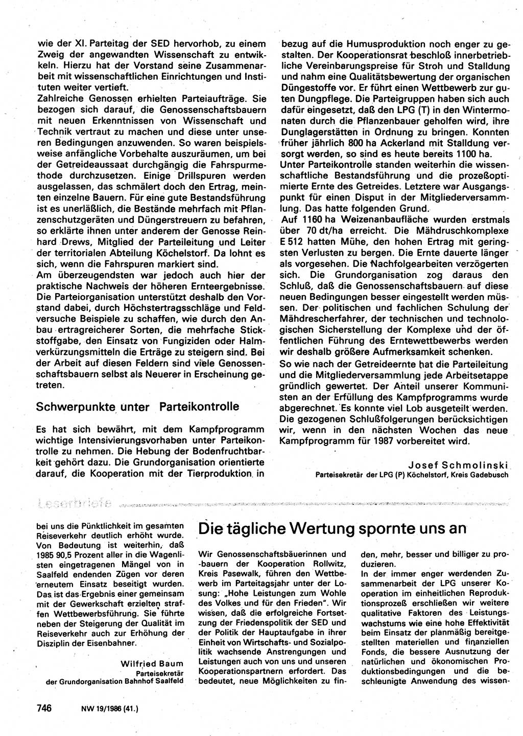 Neuer Weg (NW), Organ des Zentralkomitees (ZK) der SED (Sozialistische Einheitspartei Deutschlands) für Fragen des Parteilebens, 41. Jahrgang [Deutsche Demokratische Republik (DDR)] 1986, Seite 746 (NW ZK SED DDR 1986, S. 746)