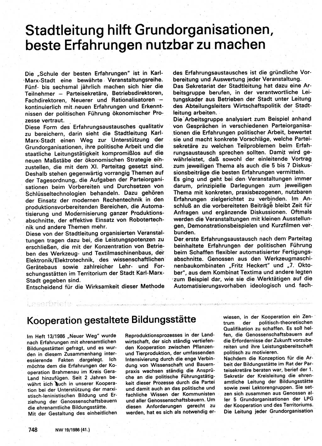 Neuer Weg (NW), Organ des Zentralkomitees (ZK) der SED (Sozialistische Einheitspartei Deutschlands) für Fragen des Parteilebens, 41. Jahrgang [Deutsche Demokratische Republik (DDR)] 1986, Seite 748 (NW ZK SED DDR 1986, S. 748)
