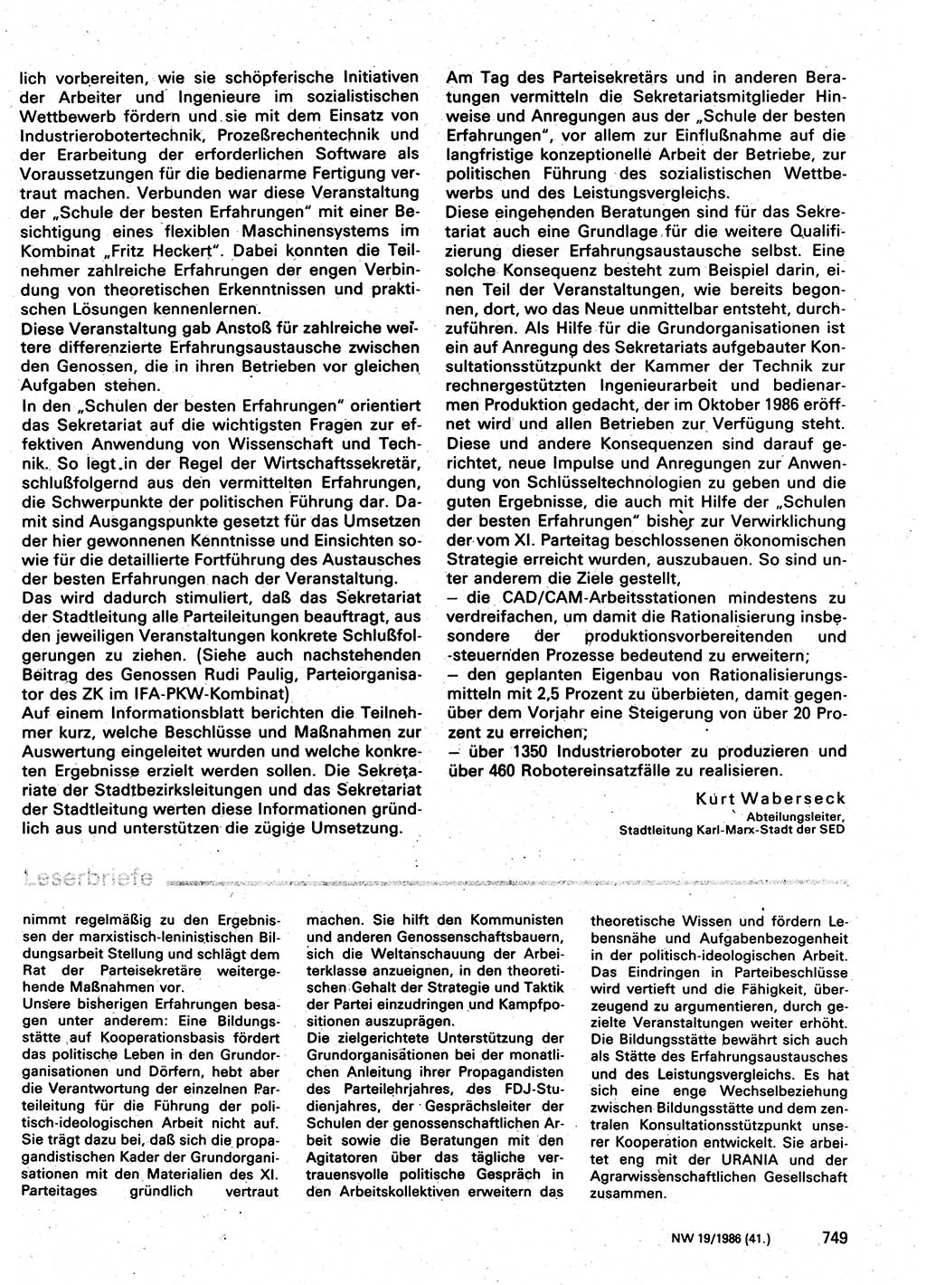 Neuer Weg (NW), Organ des Zentralkomitees (ZK) der SED (Sozialistische Einheitspartei Deutschlands) für Fragen des Parteilebens, 41. Jahrgang [Deutsche Demokratische Republik (DDR)] 1986, Seite 749 (NW ZK SED DDR 1986, S. 749)