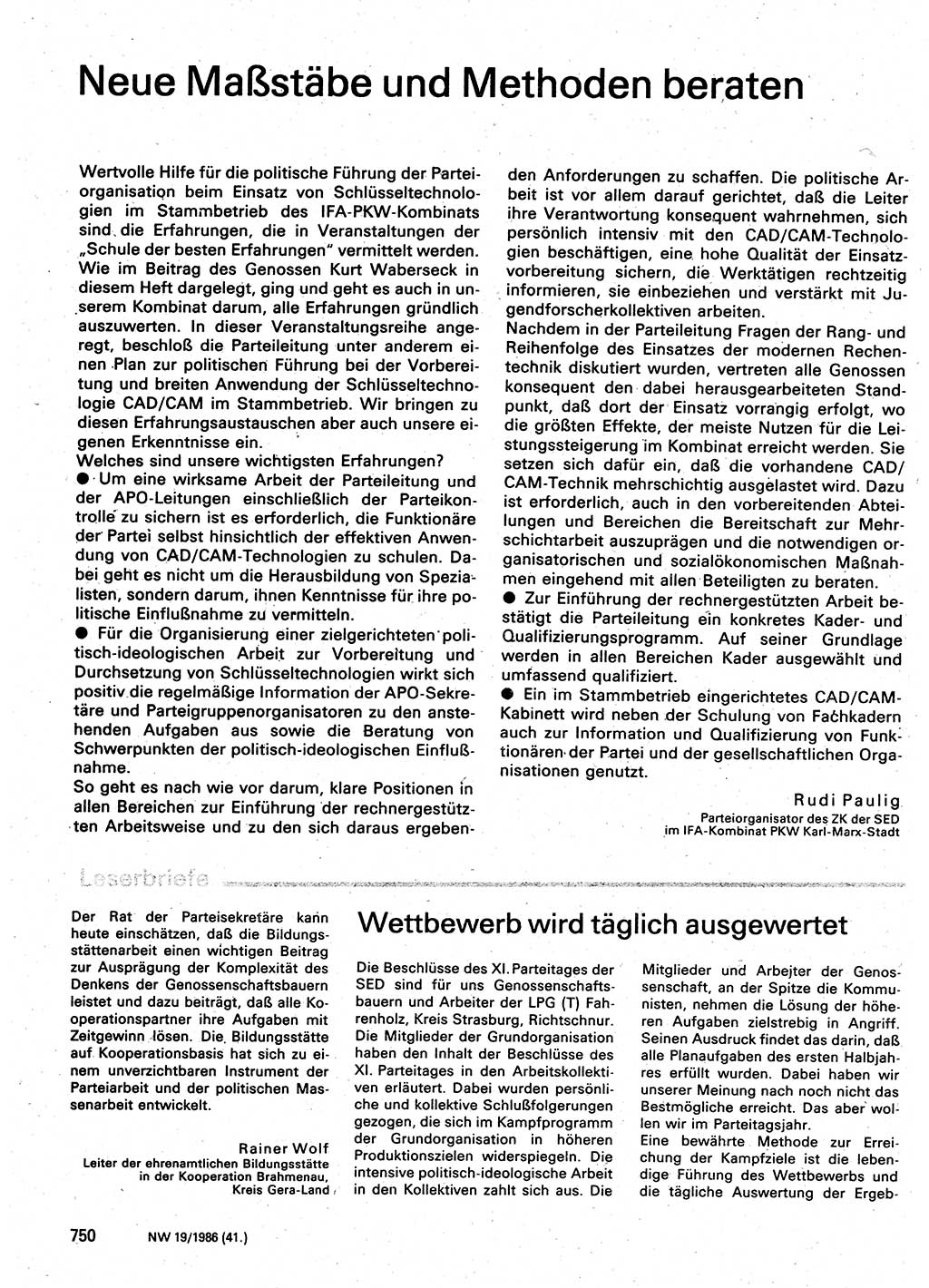 Neuer Weg (NW), Organ des Zentralkomitees (ZK) der SED (Sozialistische Einheitspartei Deutschlands) für Fragen des Parteilebens, 41. Jahrgang [Deutsche Demokratische Republik (DDR)] 1986, Seite 750 (NW ZK SED DDR 1986, S. 750)