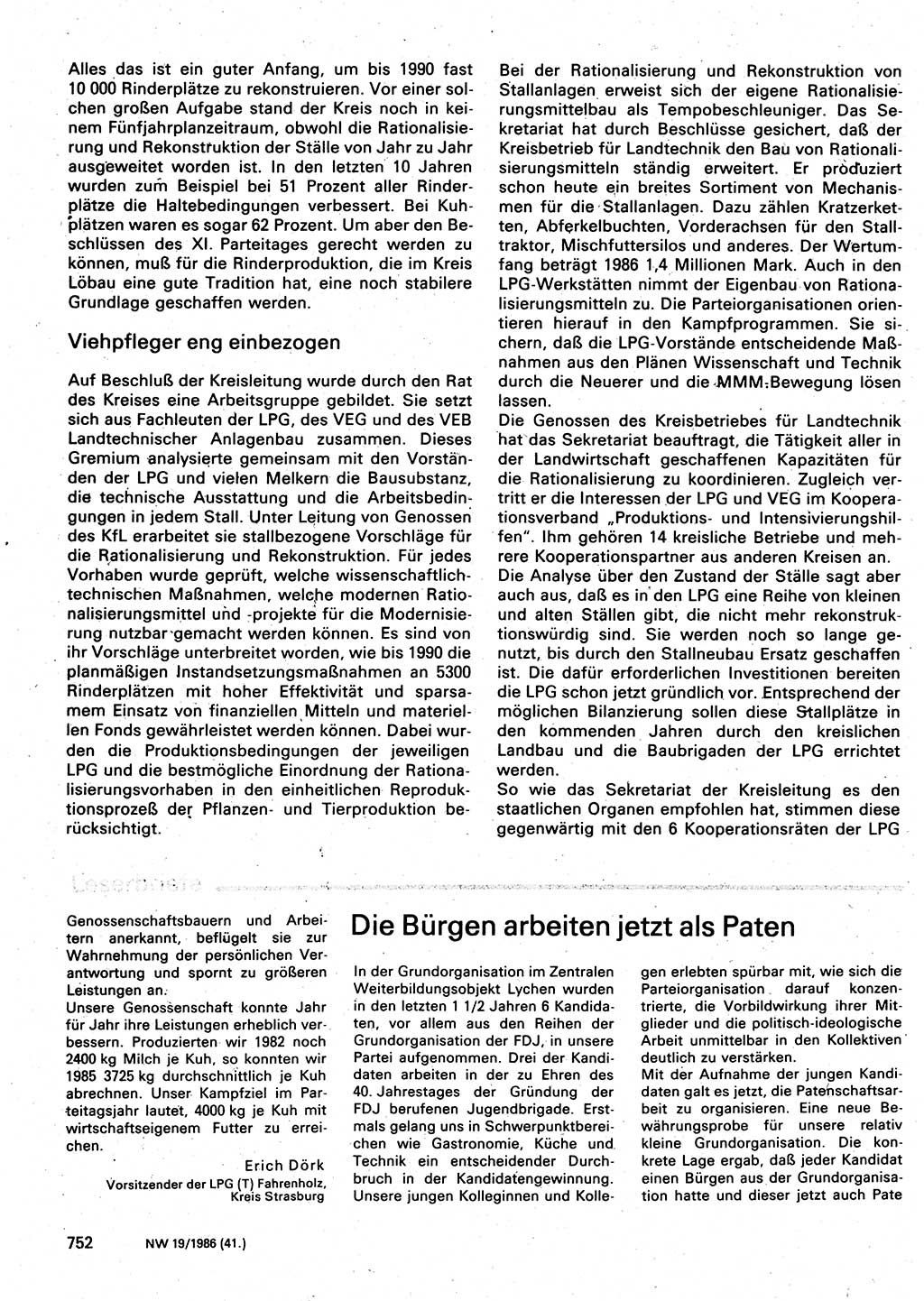 Neuer Weg (NW), Organ des Zentralkomitees (ZK) der SED (Sozialistische Einheitspartei Deutschlands) für Fragen des Parteilebens, 41. Jahrgang [Deutsche Demokratische Republik (DDR)] 1986, Seite 752 (NW ZK SED DDR 1986, S. 752)