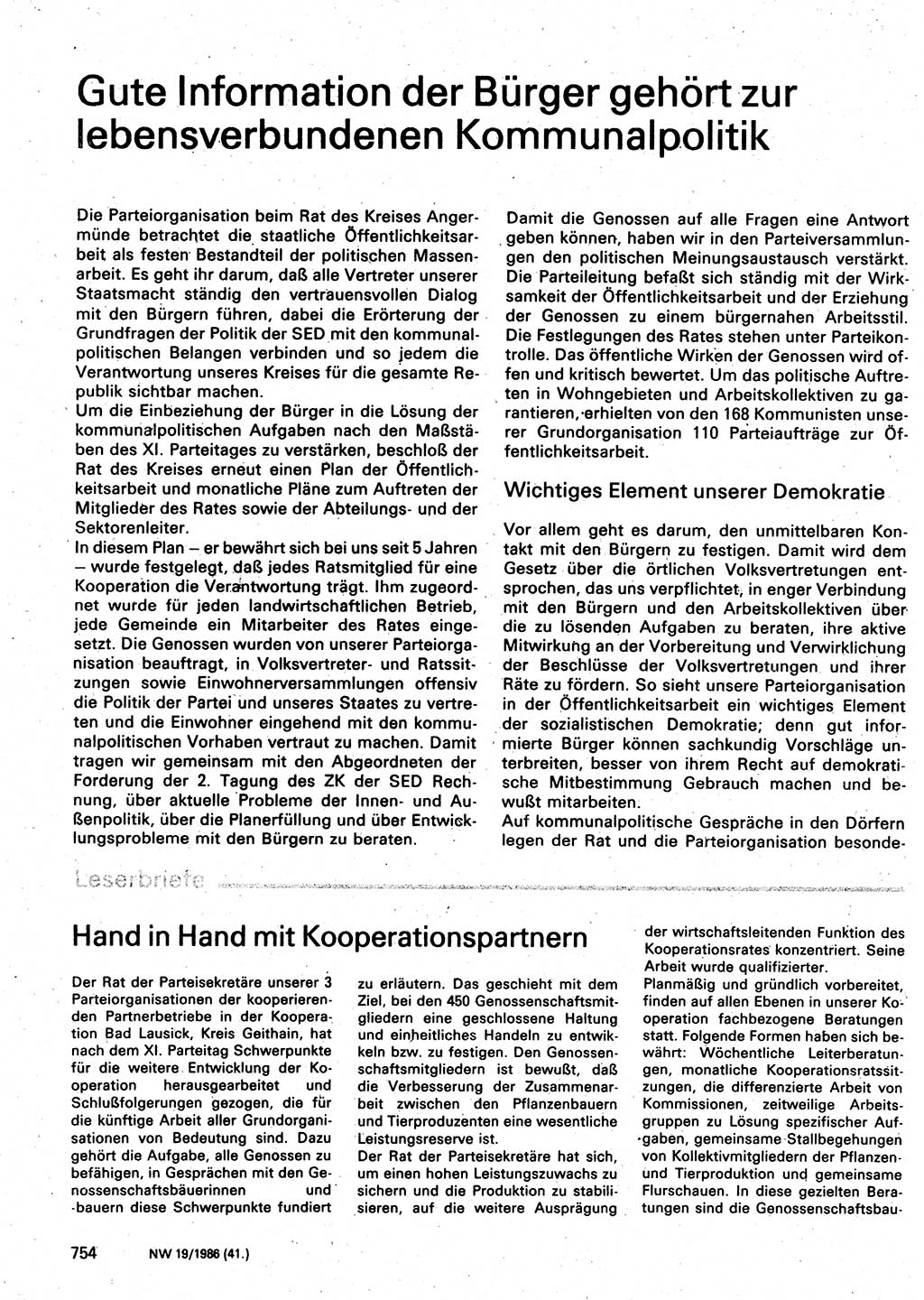 Neuer Weg (NW), Organ des Zentralkomitees (ZK) der SED (Sozialistische Einheitspartei Deutschlands) für Fragen des Parteilebens, 41. Jahrgang [Deutsche Demokratische Republik (DDR)] 1986, Seite 754 (NW ZK SED DDR 1986, S. 754)