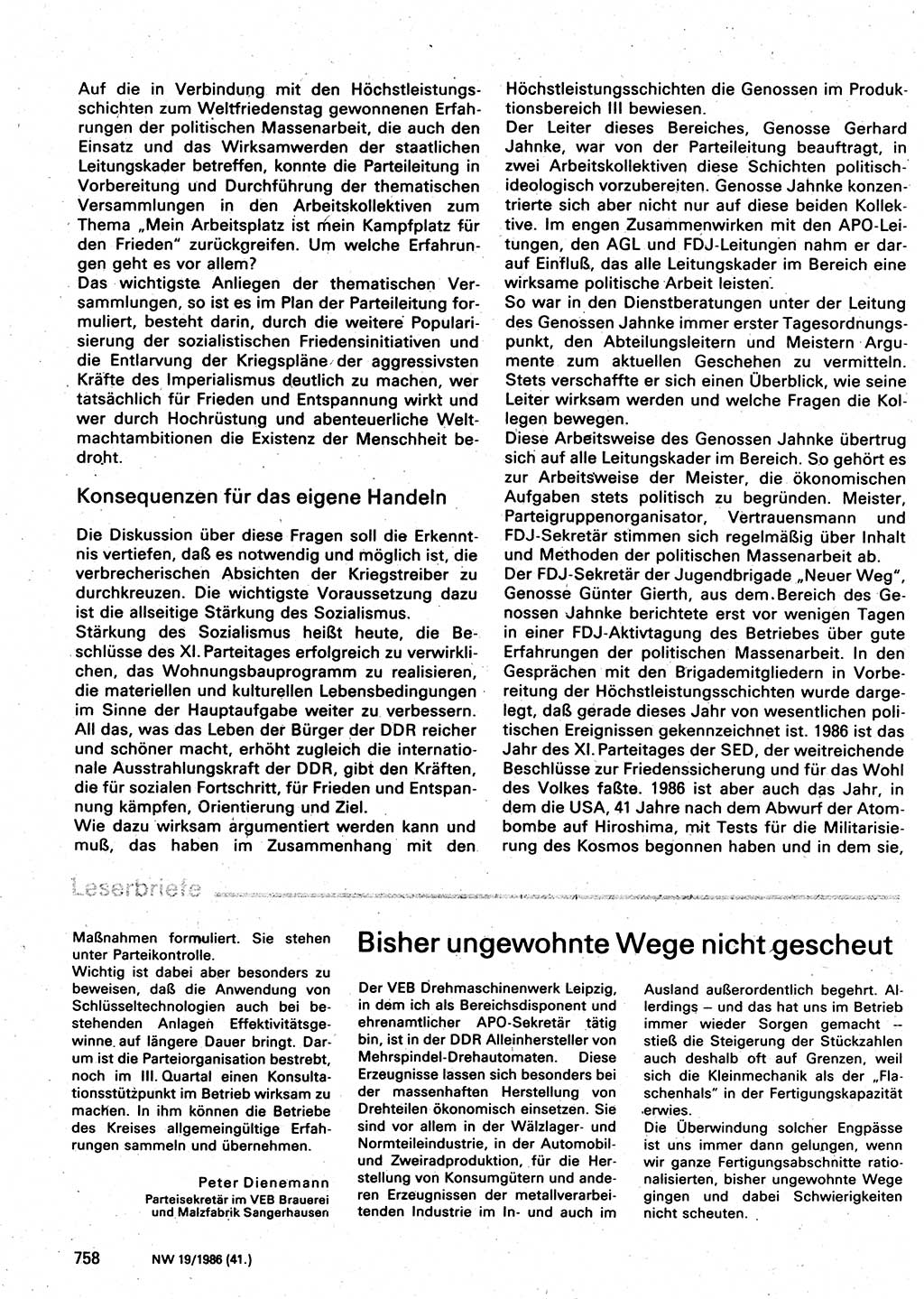 Neuer Weg (NW), Organ des Zentralkomitees (ZK) der SED (Sozialistische Einheitspartei Deutschlands) für Fragen des Parteilebens, 41. Jahrgang [Deutsche Demokratische Republik (DDR)] 1986, Seite 758 (NW ZK SED DDR 1986, S. 758)