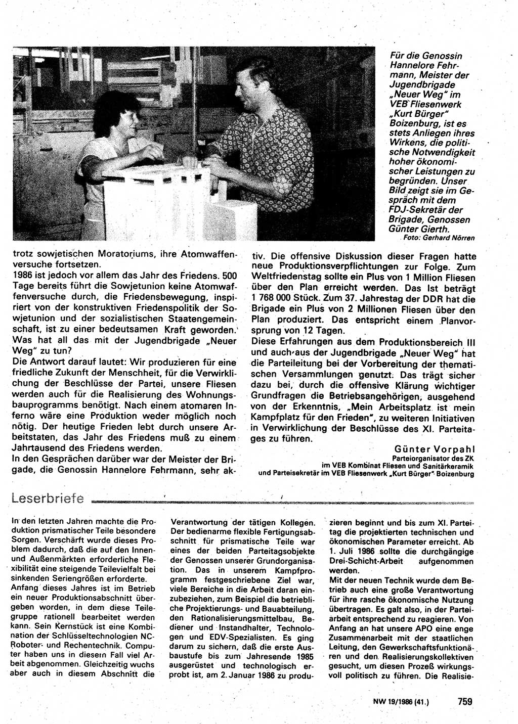 Neuer Weg (NW), Organ des Zentralkomitees (ZK) der SED (Sozialistische Einheitspartei Deutschlands) für Fragen des Parteilebens, 41. Jahrgang [Deutsche Demokratische Republik (DDR)] 1986, Seite 759 (NW ZK SED DDR 1986, S. 759)