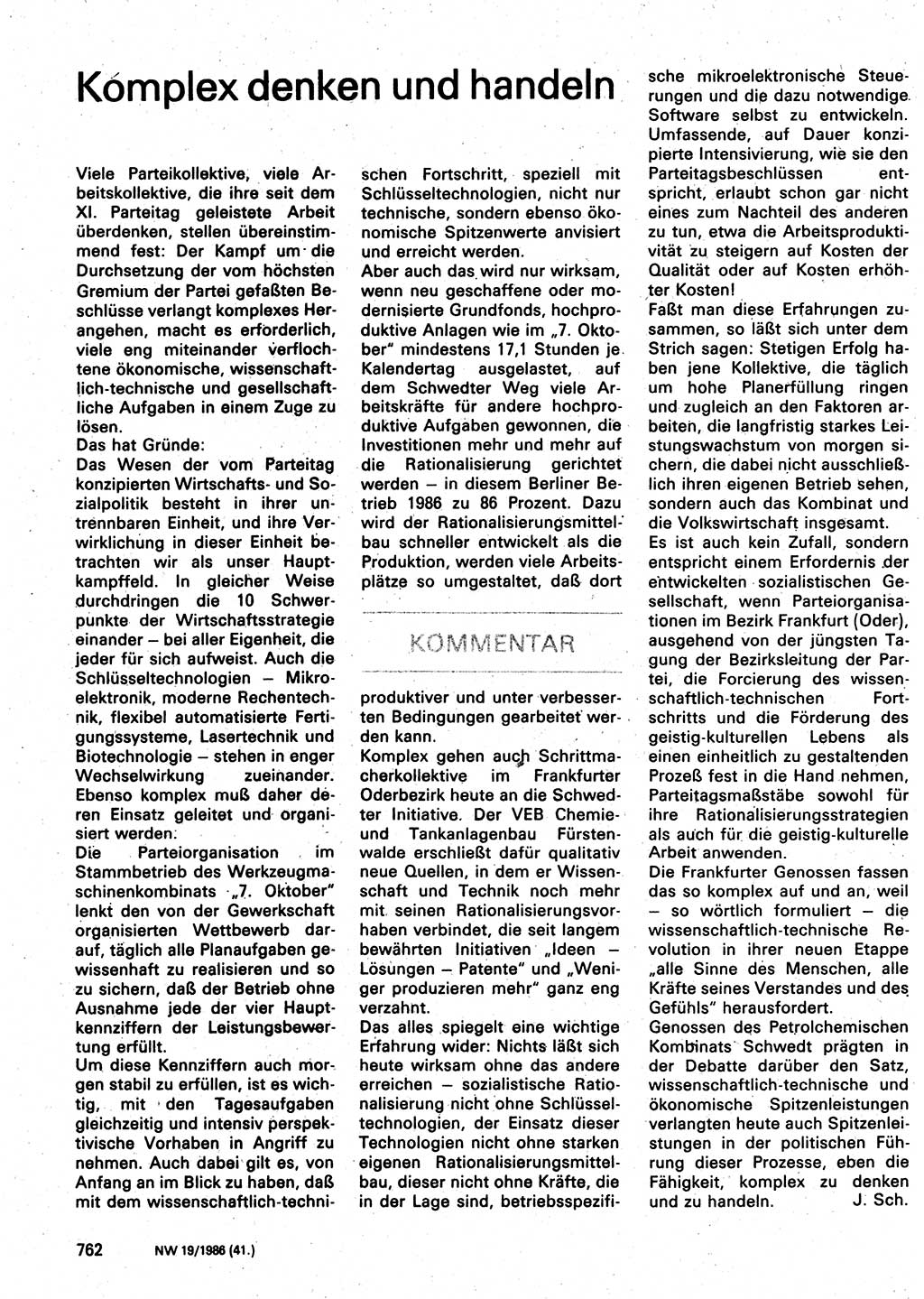 Neuer Weg (NW), Organ des Zentralkomitees (ZK) der SED (Sozialistische Einheitspartei Deutschlands) für Fragen des Parteilebens, 41. Jahrgang [Deutsche Demokratische Republik (DDR)] 1986, Seite 762 (NW ZK SED DDR 1986, S. 762)