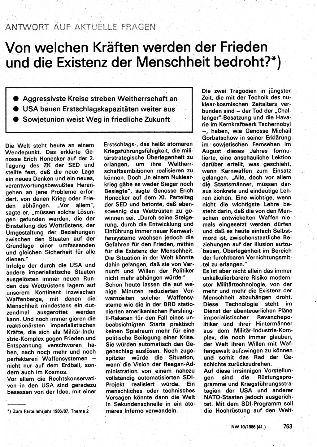 Neuer Weg (NW), Organ des Zentralkomitees (ZK) der SED (Sozialistische Einheitspartei Deutschlands) für Fragen des Parteilebens, 41. Jahrgang [Deutsche Demokratische Republik (DDR)] 1986, Seite 763 (NW ZK SED DDR 1986, S. 763)