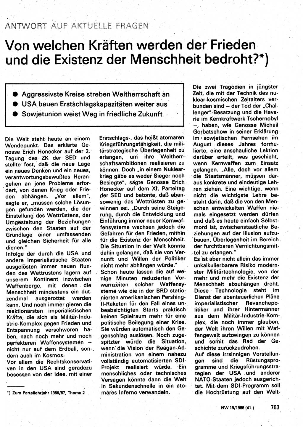 Neuer Weg (NW), Organ des Zentralkomitees (ZK) der SED (Sozialistische Einheitspartei Deutschlands) für Fragen des Parteilebens, 41. Jahrgang [Deutsche Demokratische Republik (DDR)] 1986, Seite 763 (NW ZK SED DDR 1986, S. 763)