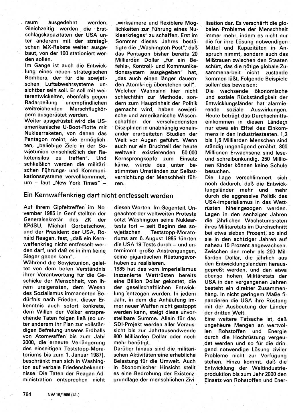 Neuer Weg (NW), Organ des Zentralkomitees (ZK) der SED (Sozialistische Einheitspartei Deutschlands) für Fragen des Parteilebens, 41. Jahrgang [Deutsche Demokratische Republik (DDR)] 1986, Seite 764 (NW ZK SED DDR 1986, S. 764)