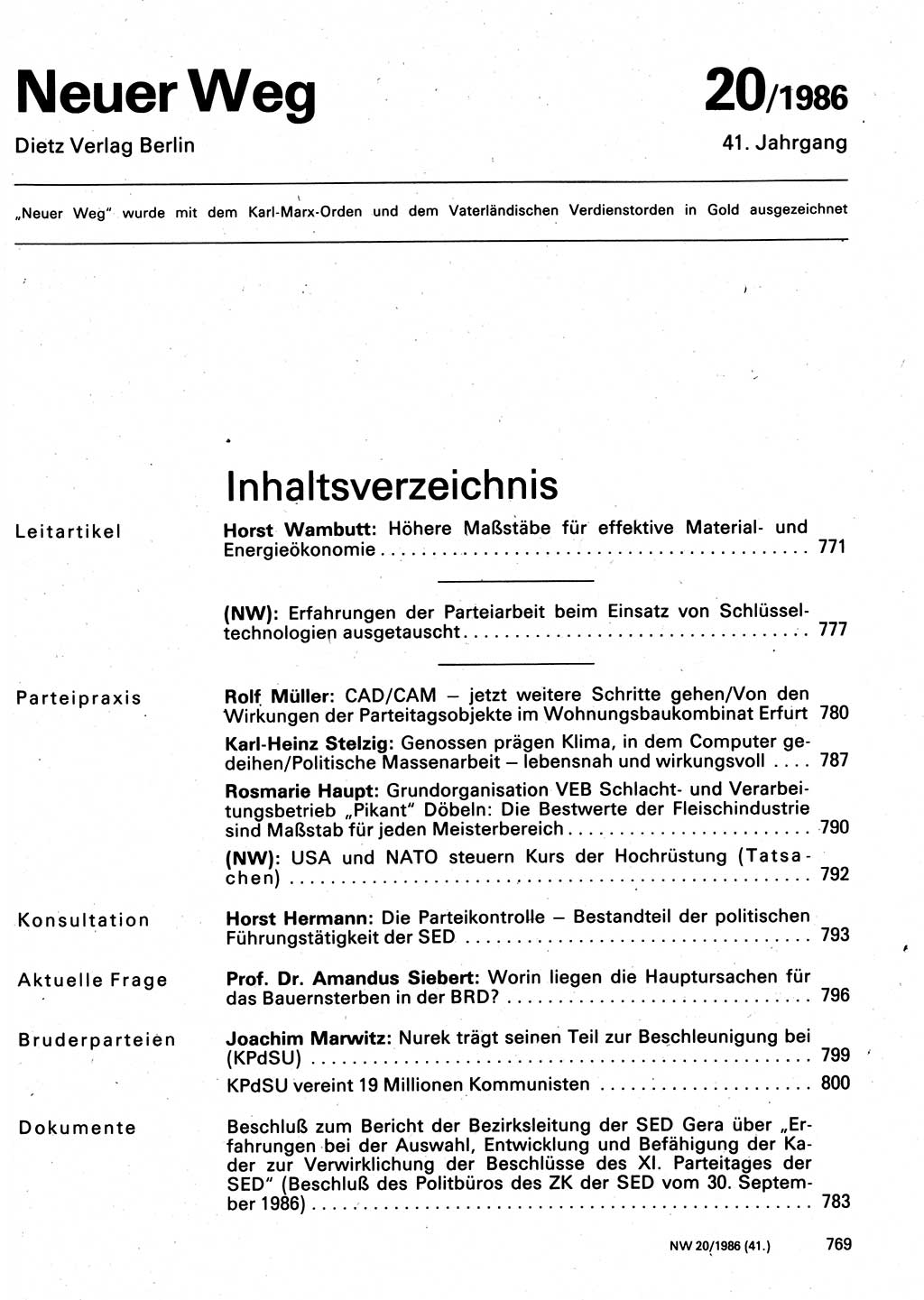 Neuer Weg (NW), Organ des Zentralkomitees (ZK) der SED (Sozialistische Einheitspartei Deutschlands) für Fragen des Parteilebens, 41. Jahrgang [Deutsche Demokratische Republik (DDR)] 1986, Seite 769 (NW ZK SED DDR 1986, S. 769)