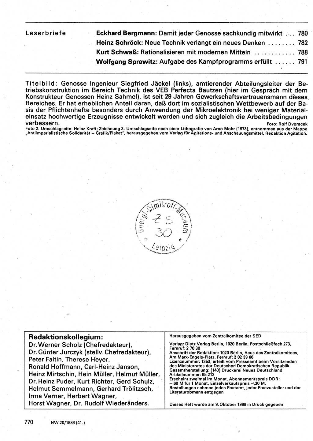 Neuer Weg (NW), Organ des Zentralkomitees (ZK) der SED (Sozialistische Einheitspartei Deutschlands) für Fragen des Parteilebens, 41. Jahrgang [Deutsche Demokratische Republik (DDR)] 1986, Seite 770 (NW ZK SED DDR 1986, S. 770)