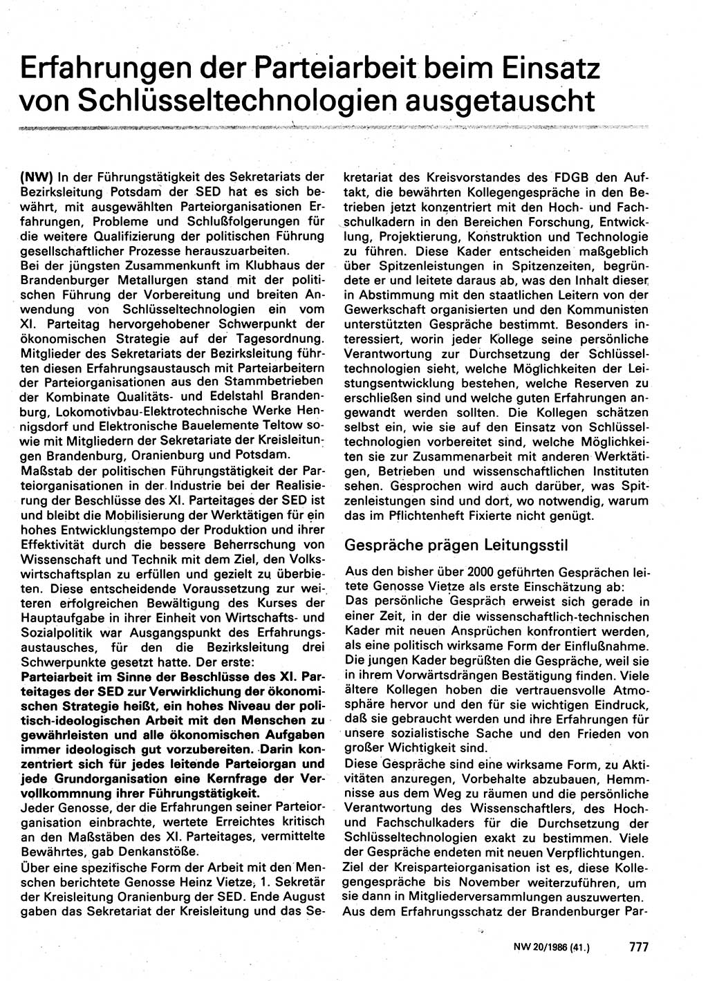 Neuer Weg (NW), Organ des Zentralkomitees (ZK) der SED (Sozialistische Einheitspartei Deutschlands) für Fragen des Parteilebens, 41. Jahrgang [Deutsche Demokratische Republik (DDR)] 1986, Seite 777 (NW ZK SED DDR 1986, S. 777)