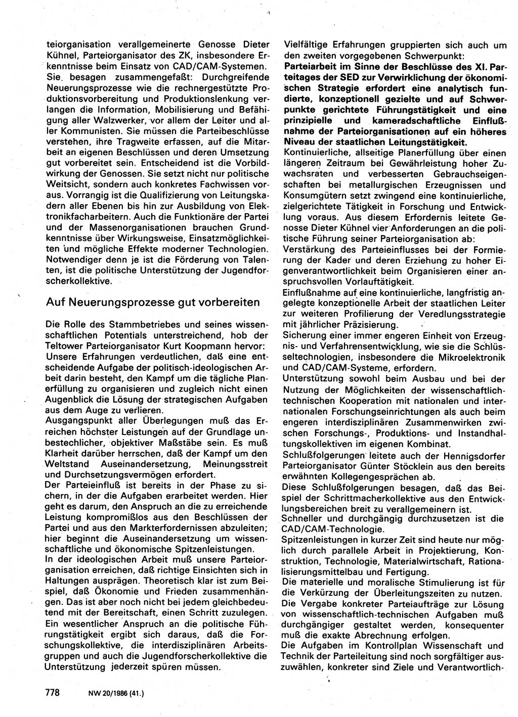 Neuer Weg (NW), Organ des Zentralkomitees (ZK) der SED (Sozialistische Einheitspartei Deutschlands) für Fragen des Parteilebens, 41. Jahrgang [Deutsche Demokratische Republik (DDR)] 1986, Seite 778 (NW ZK SED DDR 1986, S. 778)