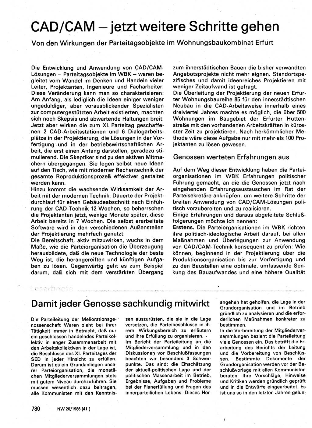 Neuer Weg (NW), Organ des Zentralkomitees (ZK) der SED (Sozialistische Einheitspartei Deutschlands) für Fragen des Parteilebens, 41. Jahrgang [Deutsche Demokratische Republik (DDR)] 1986, Seite 780 (NW ZK SED DDR 1986, S. 780)