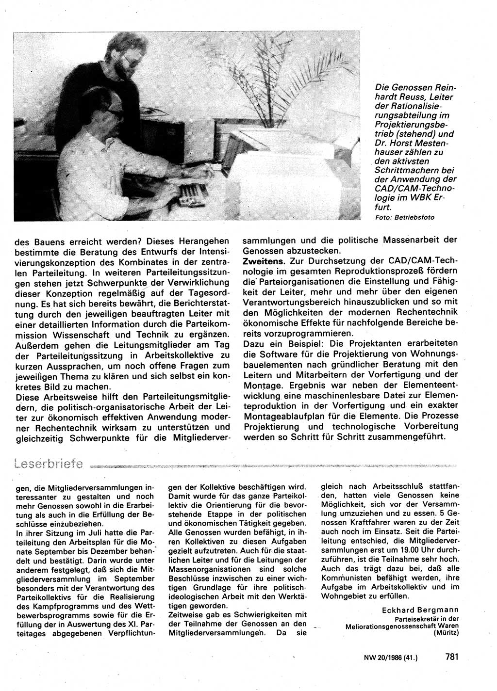 Neuer Weg (NW), Organ des Zentralkomitees (ZK) der SED (Sozialistische Einheitspartei Deutschlands) für Fragen des Parteilebens, 41. Jahrgang [Deutsche Demokratische Republik (DDR)] 1986, Seite 781 (NW ZK SED DDR 1986, S. 781)