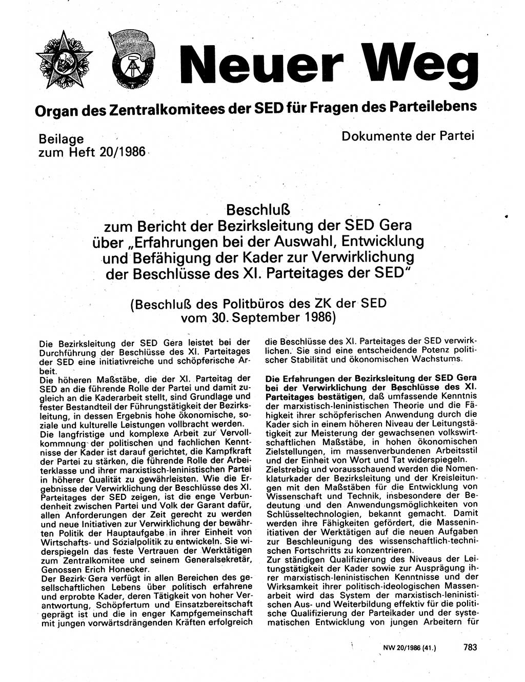 Neuer Weg (NW), Organ des Zentralkomitees (ZK) der SED (Sozialistische Einheitspartei Deutschlands) für Fragen des Parteilebens, 41. Jahrgang [Deutsche Demokratische Republik (DDR)] 1986, Seite 783 (NW ZK SED DDR 1986, S. 783)